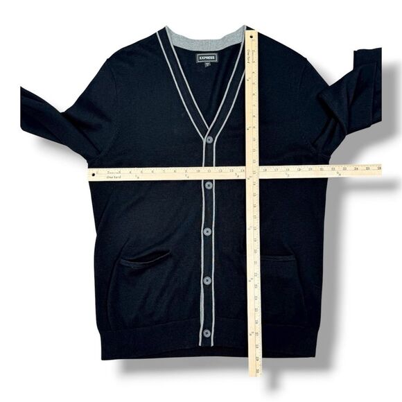 Express Men V Neck Button Up Cardigan Sweater Black Grey Large Preppy Grunge - Picture 11 of 12